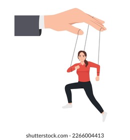 Business concept illustration of a businesswoman being controlled by puppet master. Flat vector illustration isolated on white background