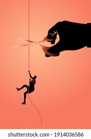 Business concept illustration of a businesswoman climbing on rope meanwhile a giant hand with scissors is cutting the rope