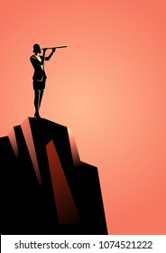 Business concept illustration of businesswoman using telescope on top of the mountain