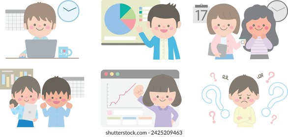 BUSINESS CONCEPT ILLUSTRATION COLLECTION OF SCENES AT OFFICE WITH MAN AND WOMAN IN BUSINESS ACTIVITY