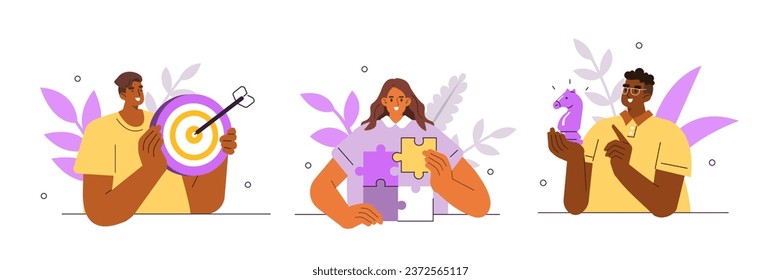 Business concept illustration. Collections of characters assembling jigsaw puzzle, moving chess figure and achieving business goals. Strategic management. Vector illustrations set