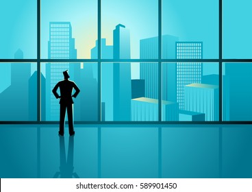 Business concept illustration of a confident businessman looking on cityscape through the window 
