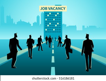 Business concept illustration of crowd of people walking to a building with job vacancy sign board on top of it