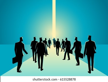 Business concept illustration of crowd of people walking into narrow path