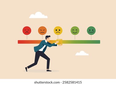 Business concept illustration of a customer satisfaction scale with emoticons. A businessman shifting the rating from negative to positive. Ideal for feedback, UX, and survey visuals.