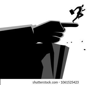 Business concept illustration of a giant hand pointing to the wrong way to a businessman