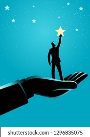 Business concept illustration of giant hand helping a businessman to reach out for the stars