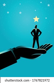 Business concept illustration of giant hand lifting up a businessman to the stars