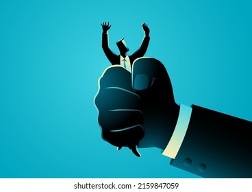 Business concept illustration of giant hand squeezes a businessman, oppression, pressure at work concept