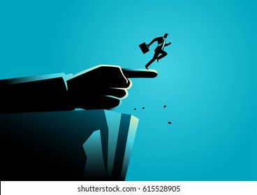 Business concept illustration of a giant hand pointing to the wrong way to a businessman