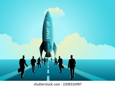 Business concept illustration of group of businessman walking towards a rocket, start up business concept