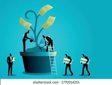 Business concept illustration of group of businessmen nurturing money tree, investment business concept