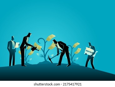 Business concept illustration of group of businessmen nurturing money tree, investment business concept