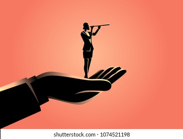 Business concept illustration of a hand holding a businesswoman using telescope