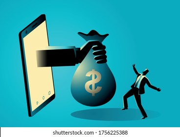 Business concept illustration of a hand holding money bag comes out from smart phone screen, online, e-business, e-commerce concept