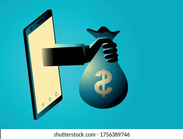 Business concept illustration of a hand holding money bag comes out from smart phone screen, online, e-business, e-commerce concept