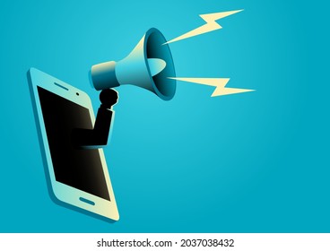 Business concept illustration of a hand holding a megaphone coming through from smart phone. Digital marketing, announcement, advertisement concept