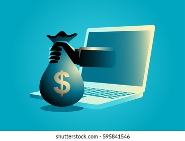 Business concept illustration of a hand holding money bag comes out from computer lap top screen, online, e-business concept