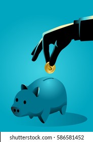 Business concept illustration of hand inserting a gold coin into a piggy bank