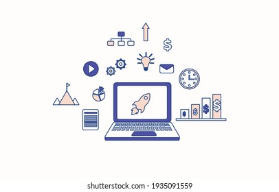Business concept illustration. Icon set. Business icons around the laptop. Stylish flat and linear illustration for business. Trendy vector