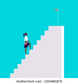 Business concept illustration with business lady  walking up the stairs with flag on it isolated on blue background.  