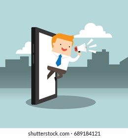 Business concept illustration of a business man announcing something via online