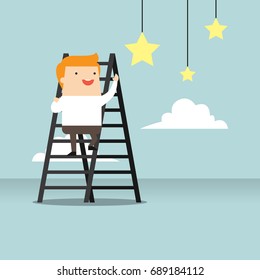 Business concept illustration of a business man climbing a star, reaching for a star.