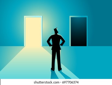 Business concept illustration of a man in doubt, having to choose between bright or dark door