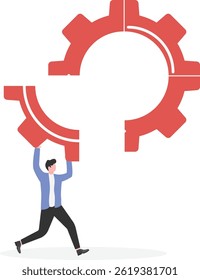 Business concept illustration of a man holding on his shoulder the final peace of puzzle which forming a gear,

