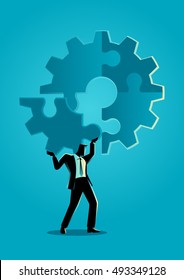 Business concept illustration of a man holding on his shoulder the final peace of puzzle which forming a gear, business, complete, completion, solution concept