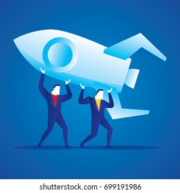 Business concept illustration of business man lifting a big rocket