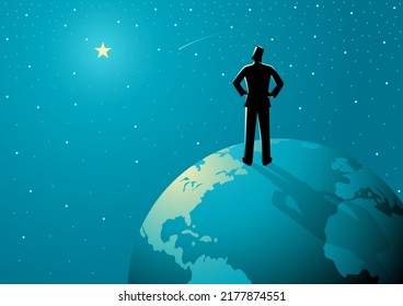 Business concept illustration of a man stands on globe looking at the vast universe, determination, inspiration, global network concept