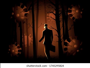 Business Concept Illustration Of A Man With Suitcase Walking Into The Dark Forest Full With Coronavirus. Uncertainty In Business Due Covid-19 Pandemic Concept