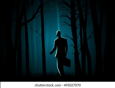 Concepto de negocio ilustración de un hombre con maleta caminando en el bosque oscuro