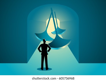 Business concept illustration of a man thinking to pass through a tunnel with swinging blades. For challenge, risk, danger in business concept