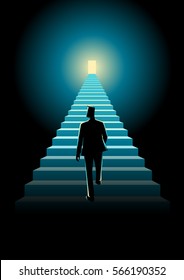 Business concept illustration of a man walking on a stairway leading up to a bright door 