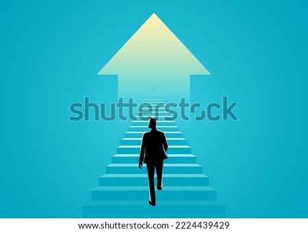 Business concept illustration of a man walking on a stairway leading up to up arrow