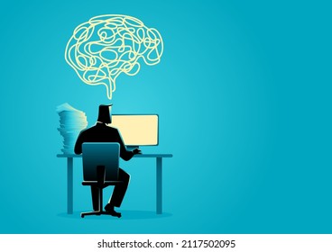 Business concept illustration of a man working behind desktop computer from back view, idea, creativity and thinking concept