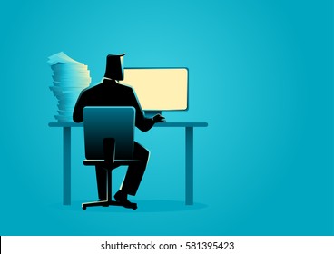 Business Concept Illustration Of A Man Working Behind Desktop Computer From Back View