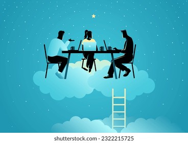 Business concept illustration of men and woman works comfortably on top of the cloud, dream job, a pleasant working atmosphere concept