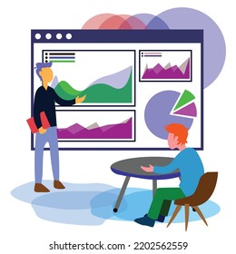 Business Concept Illustration. Office Workers Dicussing Business, Growth And Teamwork. Simple Design. Company Chart Illustration.