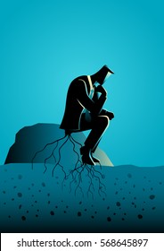 Business concept illustration of a pensive businessman sitting on a rock and rooted to the ground. Too much thinking, laziness concept