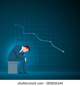 Business concept illustration. Sad businessman is sitting. Falling chart on the blue background. Elements are layered separately in vector file. 