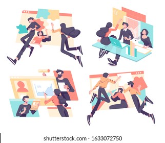 Business concept illustration set. Businessmen and businesswomen searchig for ideas, taking part in business meeting, negotiation, brainstorming. Vector Flat style