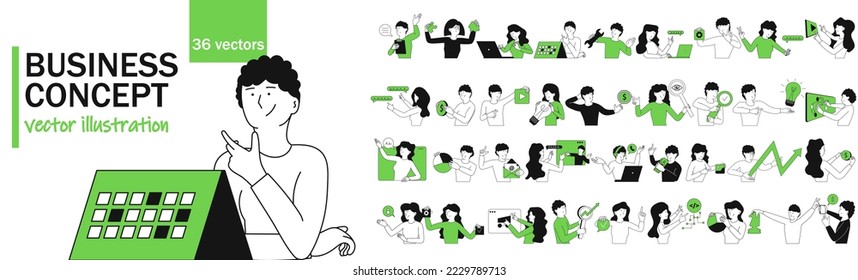 Business concept illustration set with people. Office work and management job collection. Communication teamwork and character organization. Man and woman collaboration and professional marketing