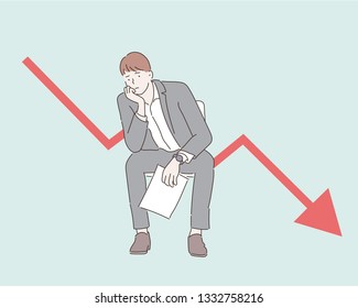 Business concept illustration. Sitting sad businessman. Graph down income arrow. Hand drawn style vector design illustrations.