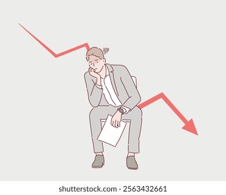 Business concept illustration. Sitting sad businessman. Graph down income arrow. Hand drawn style vector design illustrations.	