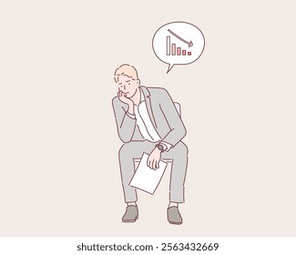 Business concept illustration. Sitting sad businessman. Graph down income arrow. Hand drawn style vector design illustrations.	