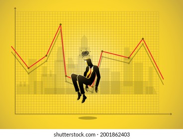 Business concept illustration of a stressed businessman sits down under downward arrow on chart