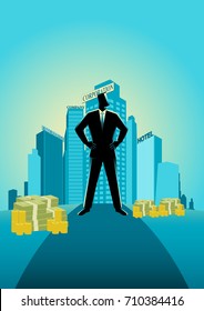 Business concept illustration of a successful businessman standing in front of commercial buildings and offices